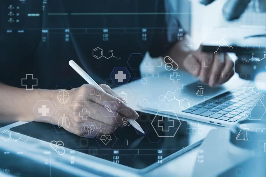 Close-up of a medical professional using a laptop and tablet, with illustrated medical symbols overlayed on the image, symbolizing health conditions treated by Dr. Robert Powers of Eternal Vitality Orlando in Orlando.